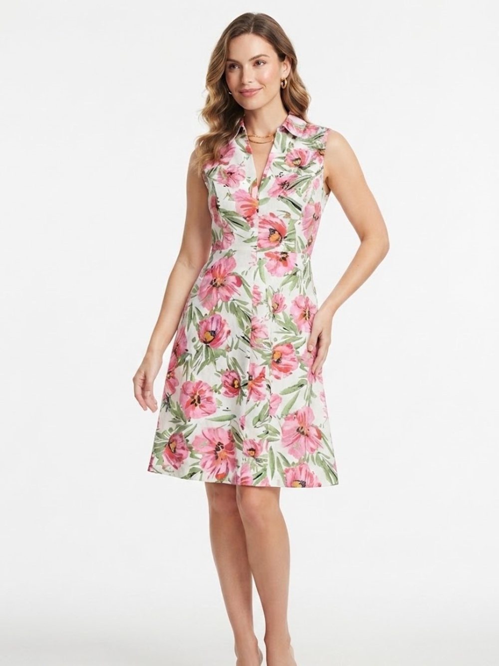 Tahari Pink Floral Sleeveless Collared Midi Dress